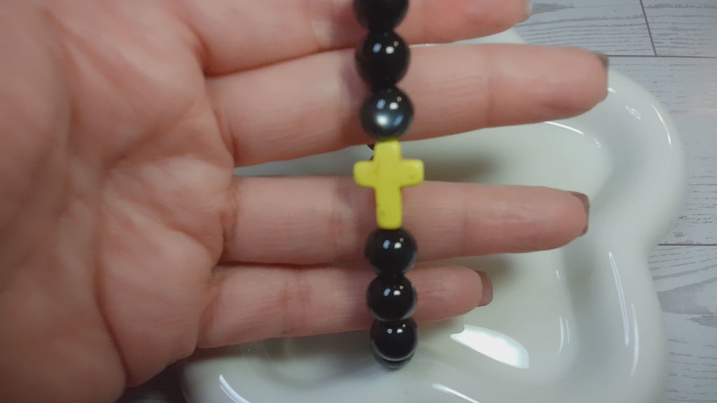 Black Cat Eye Beaded Stretch Bracelet with Yellow Cross