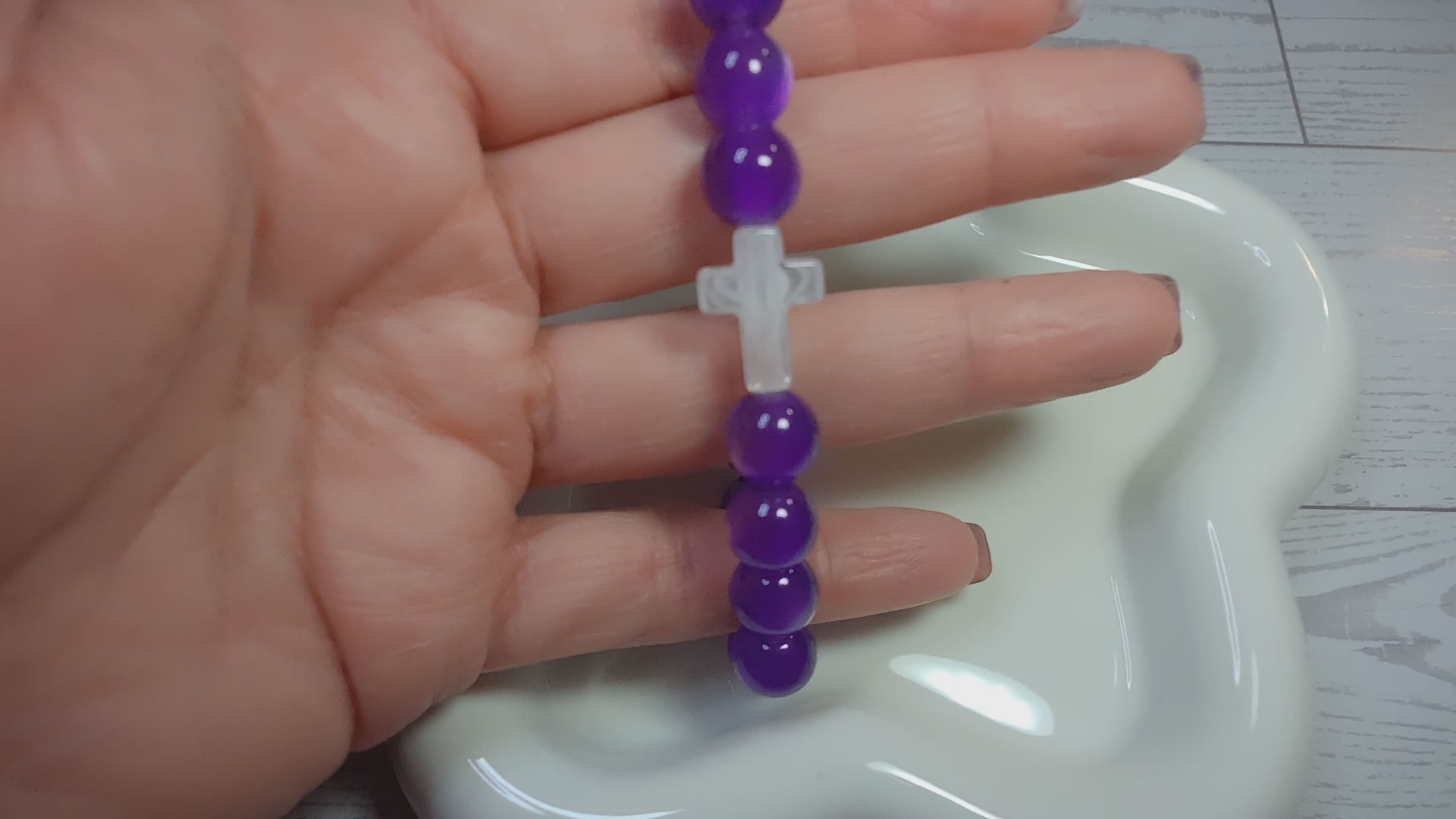 Purple Cat Eye Beaded Stretch Bracelet with White Marble Cross