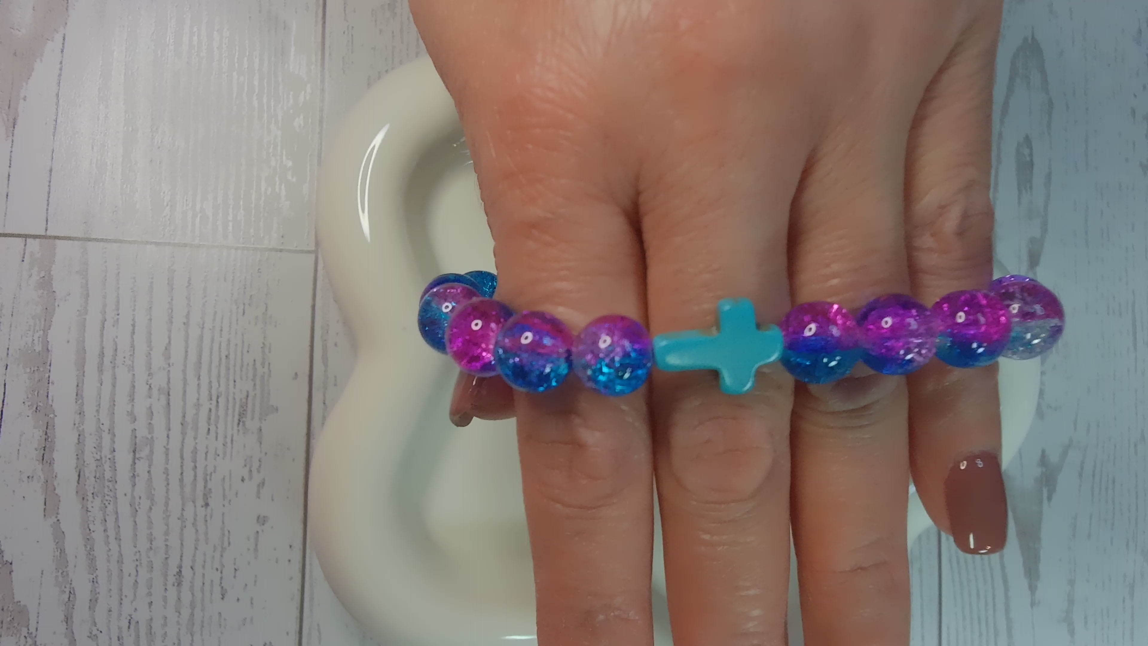 Purple and Blue Crackle Bead Stretch Bracelet with Turquoise Cross