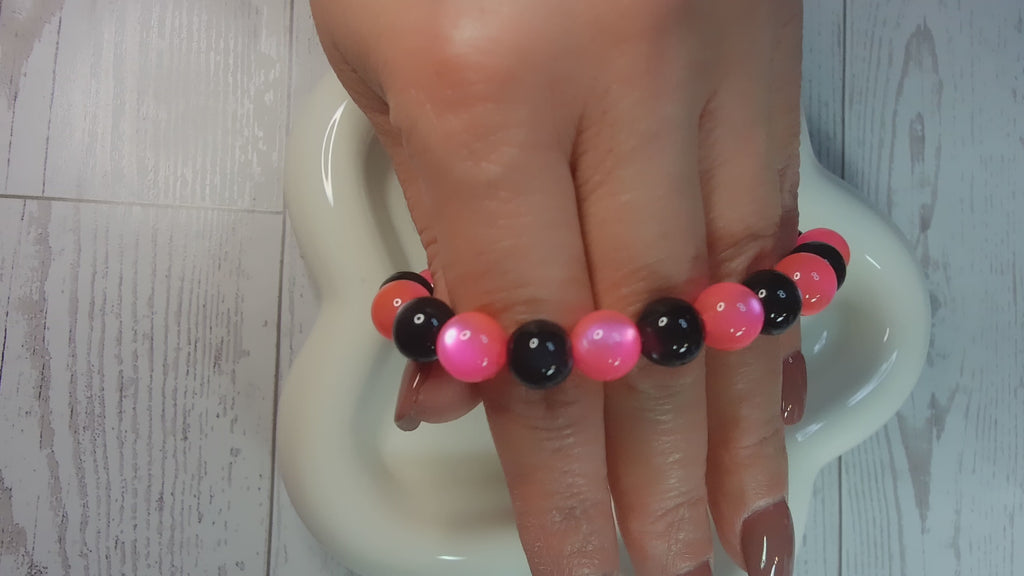 Black and Pink Cat Eye Beaded Stretch Bracelet