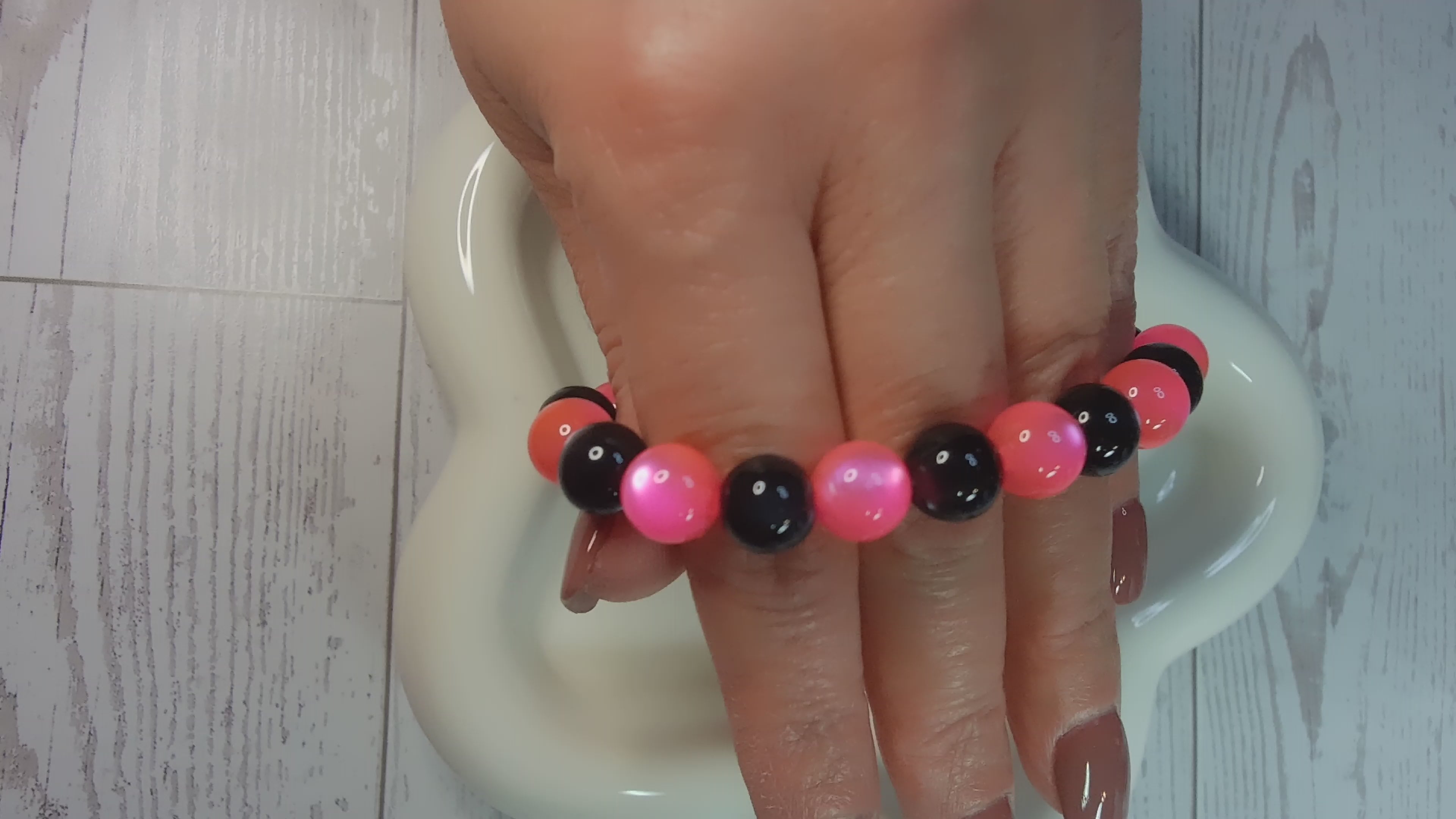 Black and Pink Cat Eye Beaded Stretch Bracelet
