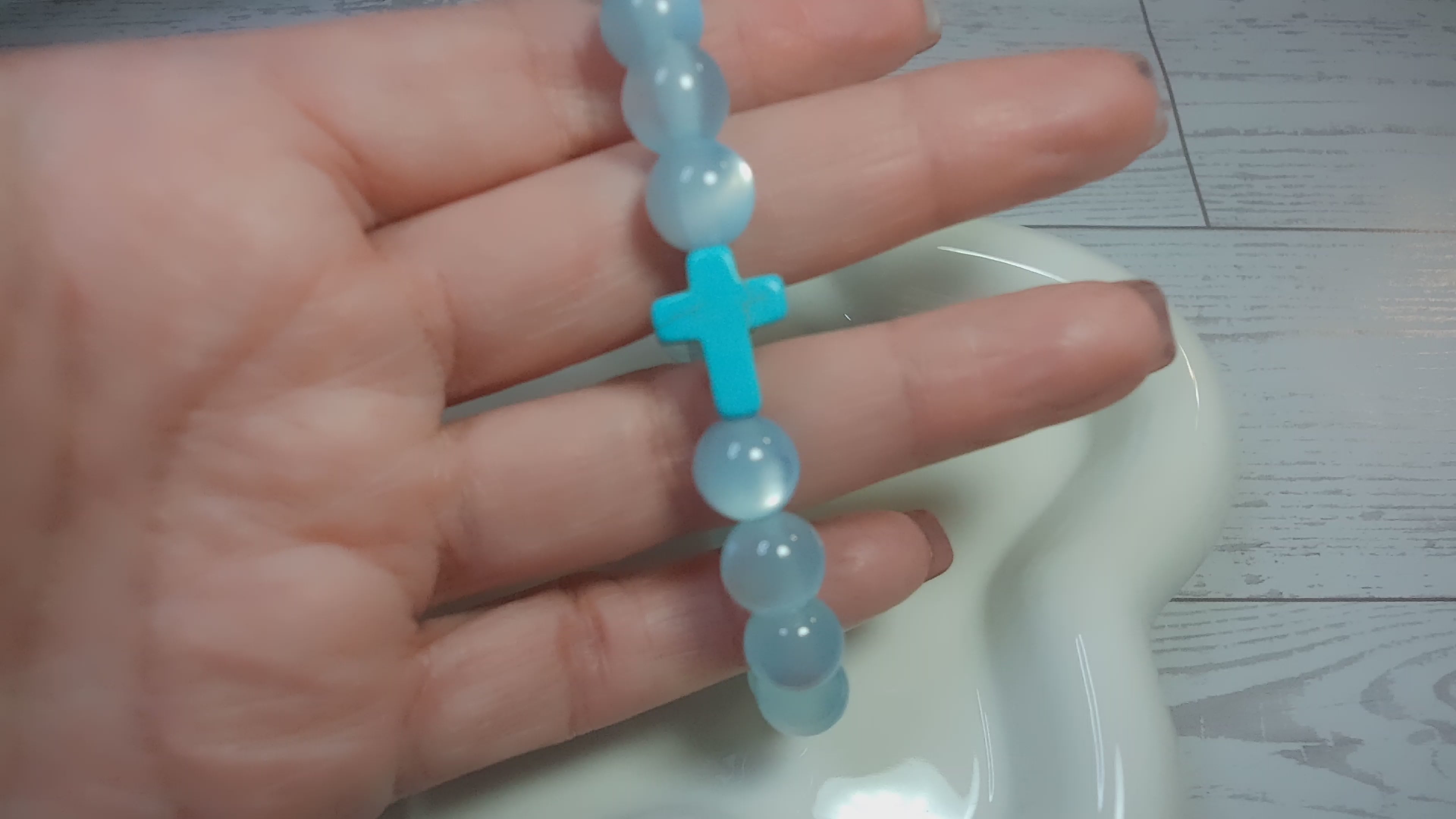 Turquoise Blue Cat Eye Beaded Stretch Bracelet with Matching Cross