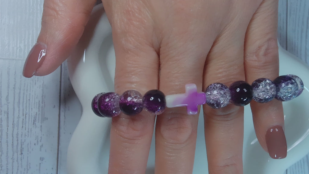 Purple and White Crackle Beaded Stretch Bracelet with Lavender Swirl Cross