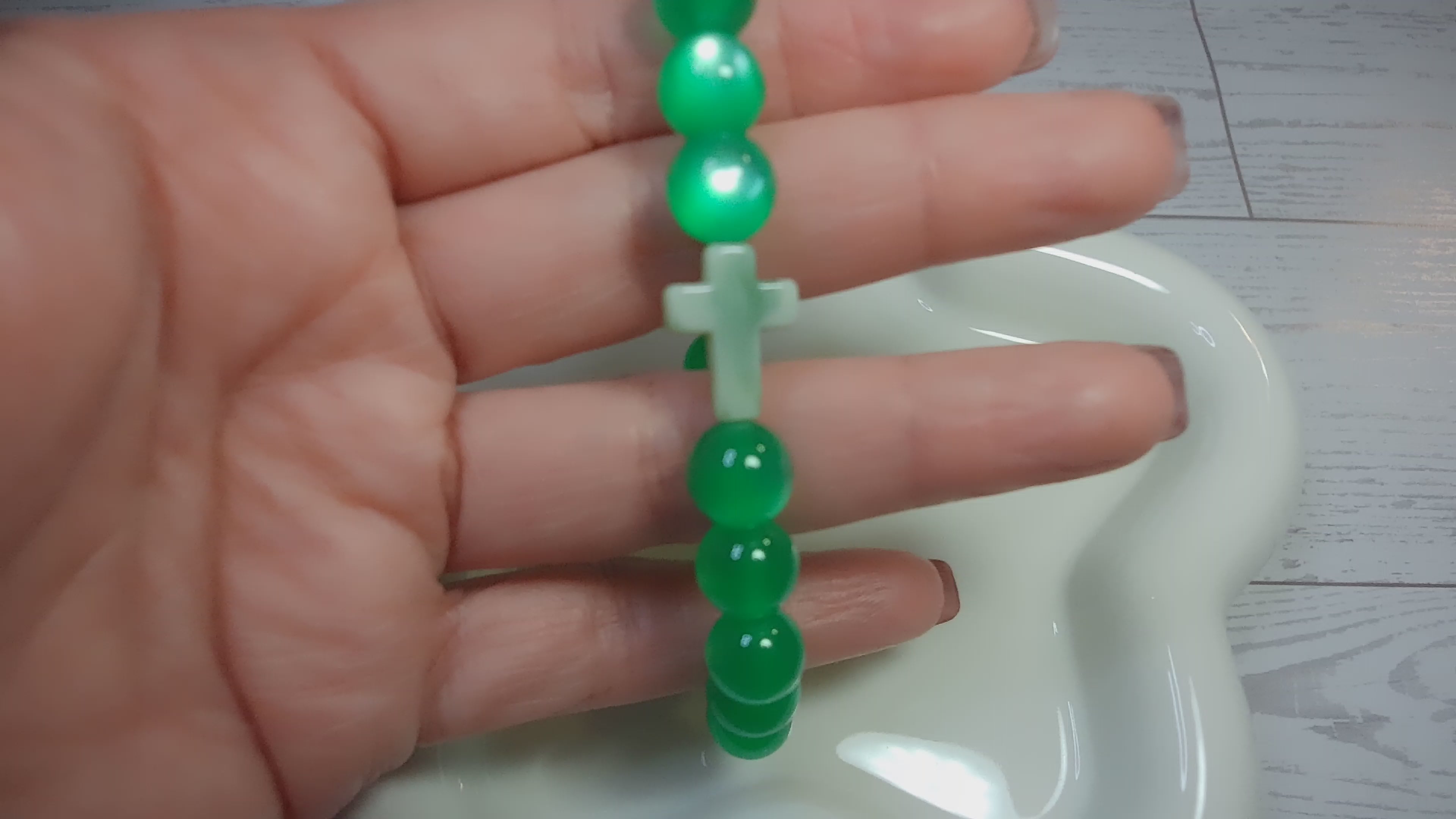 Green Cat Eye Beaded Stretch Bracelet with Green Cross