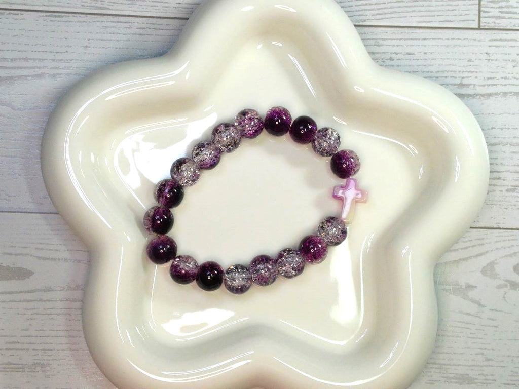 Purple and White Crackle Beaded Stretch Bracelet with Lavender Swirl Cross