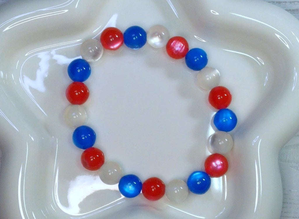 Handcrafted Red, White & Blue Resin Beaded Stretch Bracelet